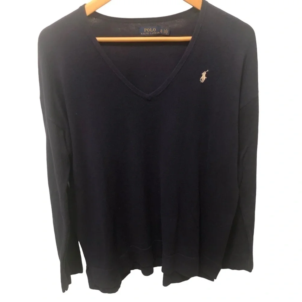 Polo Ralph Lauren V~Neck Sweater XL Navy Cashmere Blend White Pony Casual Soft